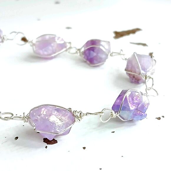 Aura Amethyst Crystal Bracelet, Wire Wrapped, 8" Boho Statement - Picture 2 of 5